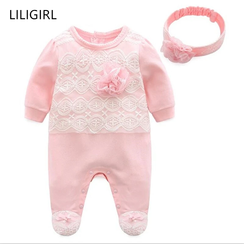 LILIGIRL/Новинка г.; комбинезоны с цветочным рисунком для маленьких девочек+ повязка на голову; комплекты одежды для новорожденных; хлопковая одежда принцессы