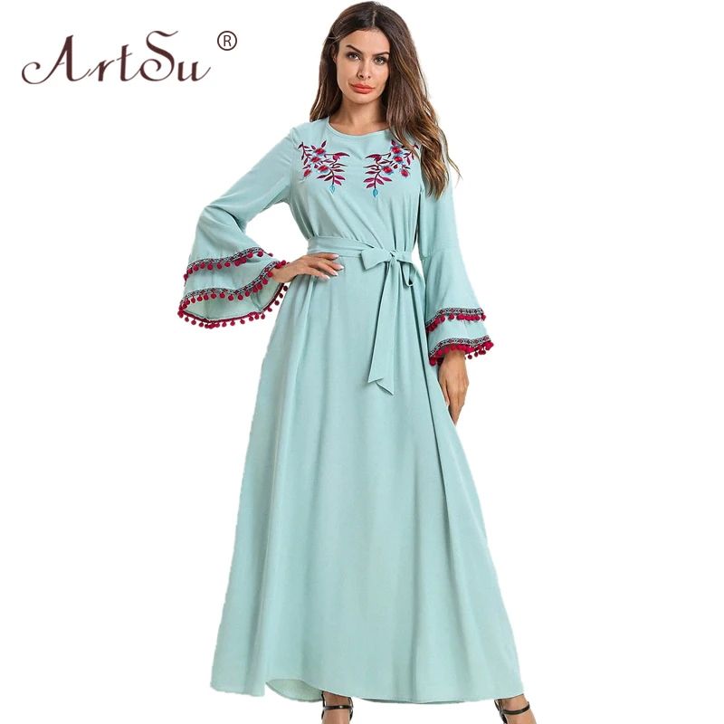 Женское винтажное платье макси ArtSu Boho в этническом стиле с расклешенными