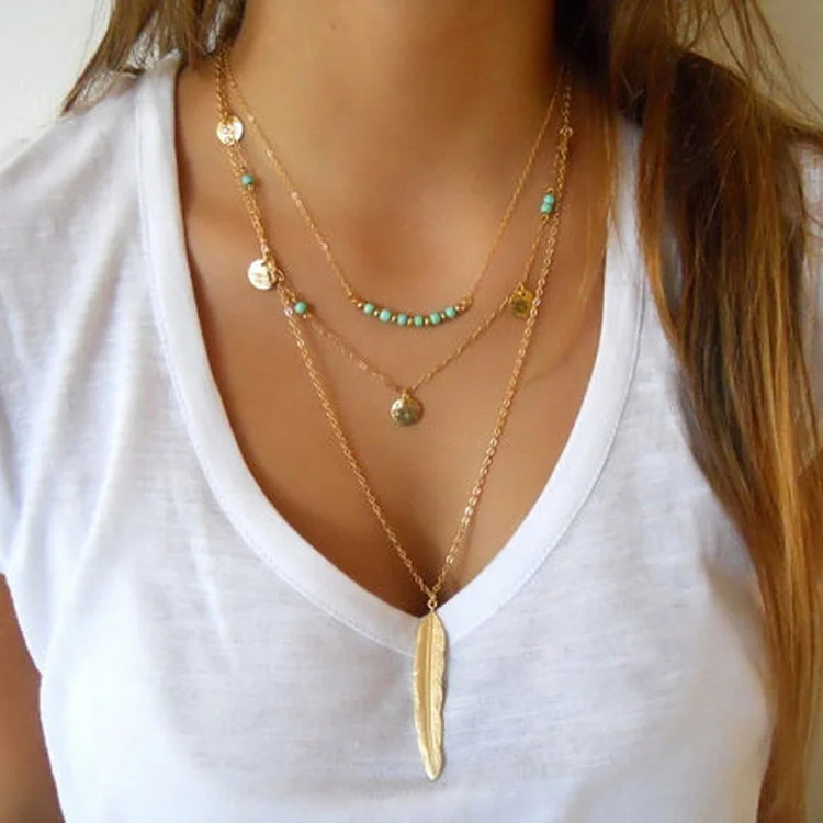 ZKCEENIER Fashion Gold Color Multilayer Coin Tassels Lariat Bar Necklaces Beads Choker Feather Pendants for Women Gift | Украшения и