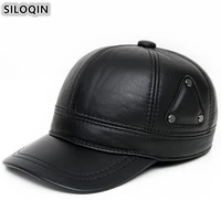 siloqin mens genuine leather hats cowhide baseball caps with ears winter warm earmuffs hat for men adjustable size brands cap