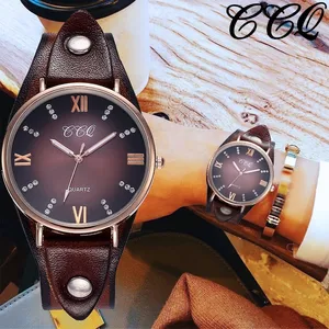 Часы наручные CCQ женские кварцевые, брендовые винтажные модные повседневные Стразы с римским циферблатом из натуральной кожи