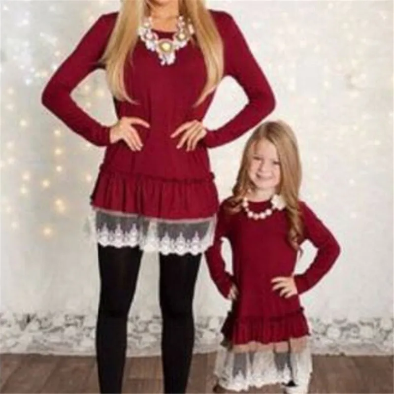 Осенние платья для мамы и дочки Новинка 2018 года Семейные комплекты Красное