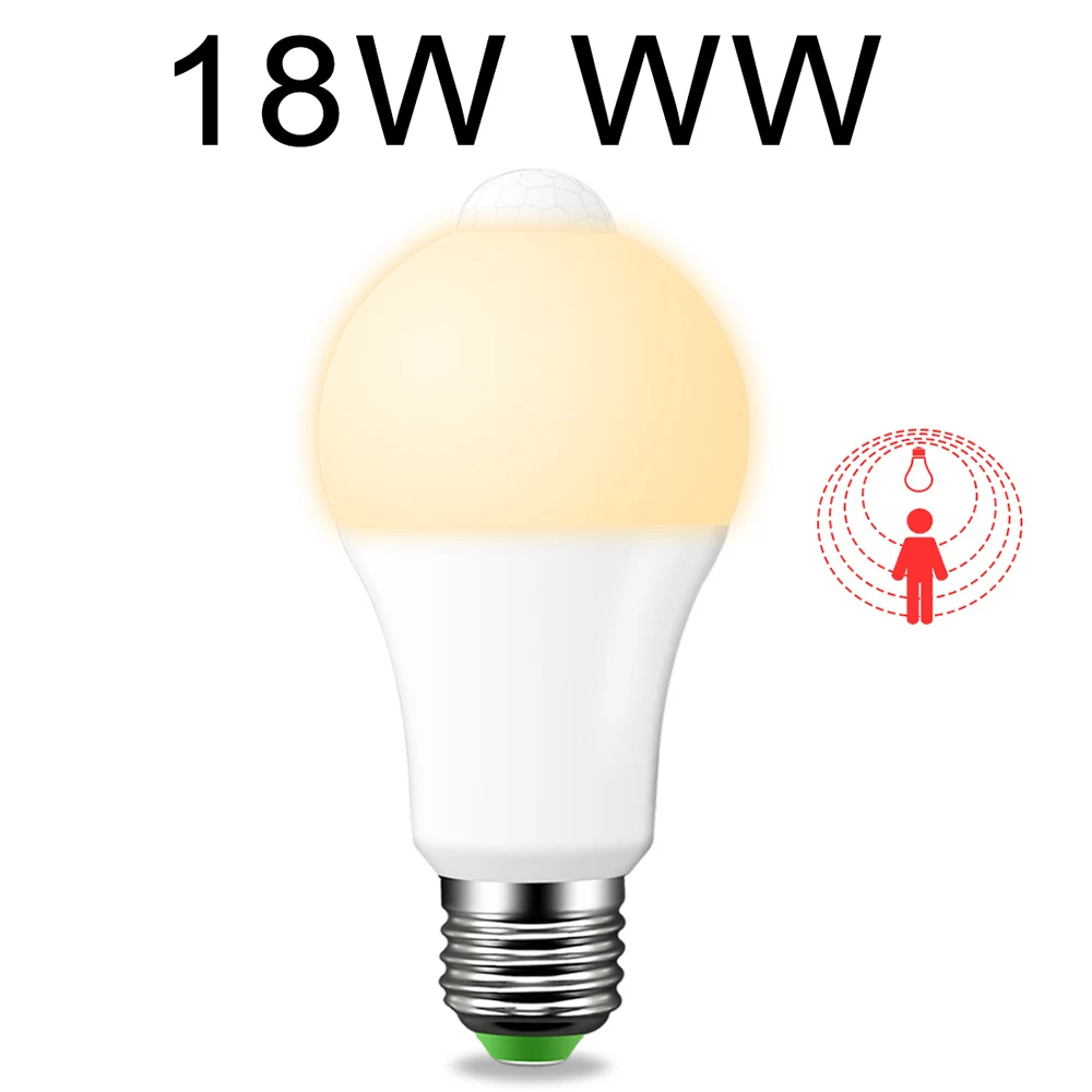 E27 18W WW E27 движения PIR Сенсор светильник лампочка IP42 12 Вт, 18 Вт, 110V 220V светодиодный заката до рассвета светильник лампа для дома патио умный светильник ing сад ночника - Испускаемый цвет: E27 18W WW