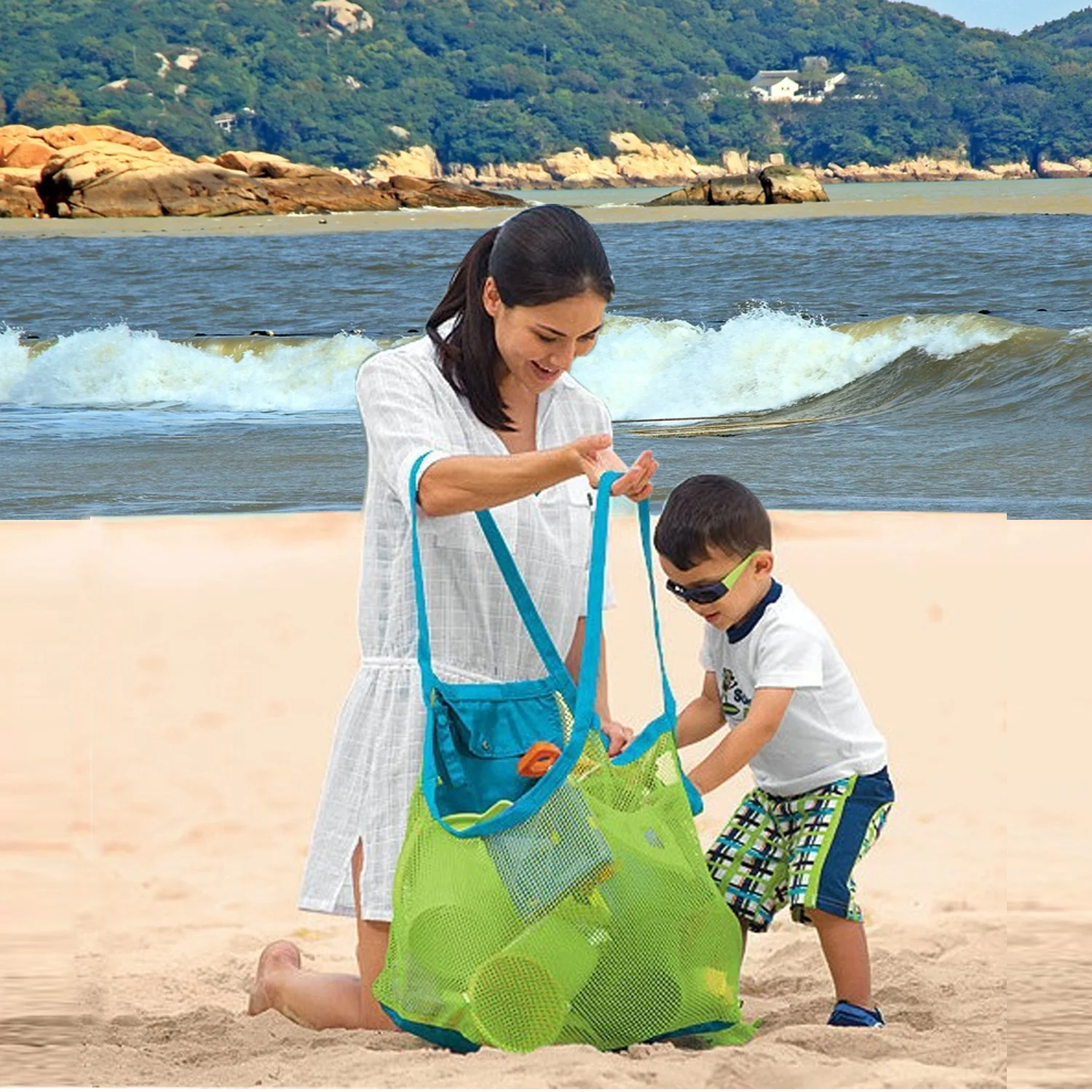 

Foldable Portable Beach Bag Kids Children Mesh Storage Bag Beach Toy Baskets Towel Bag Baby Toy Storage Sundries Storage Bags