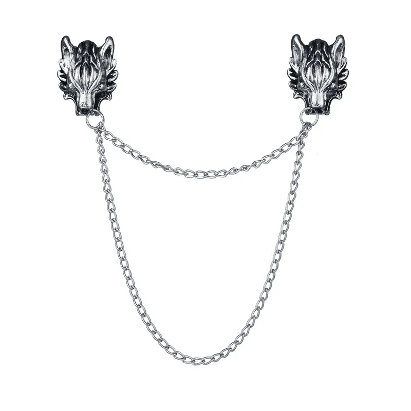Terreau Kathy Real Shooting Free Shipping Metal Pin Double Wolf Head Men Brooch Silver Plated Chain Collar Brooches For Women | Украшения и