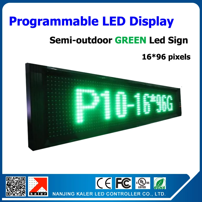 

factory price P10 green color semi-outdoor led display board 1/4 scan text moving advertisement board 16*96 pixels