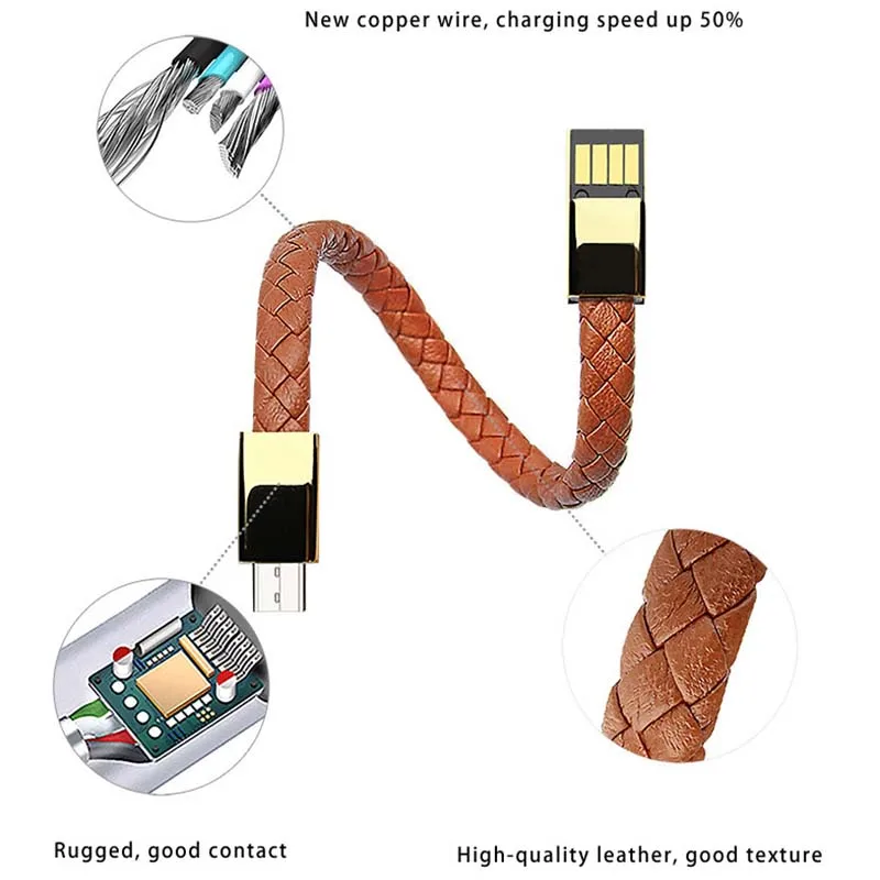Спортивный Micro USB кабель для передачи данных 20 см Браслет зарядный кожаный huawei