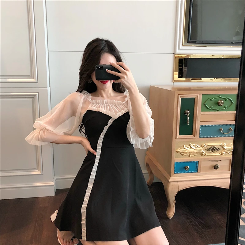 Черное летнее платье с вырезом лодочкой женская одежда на шнурках Сетчатое в