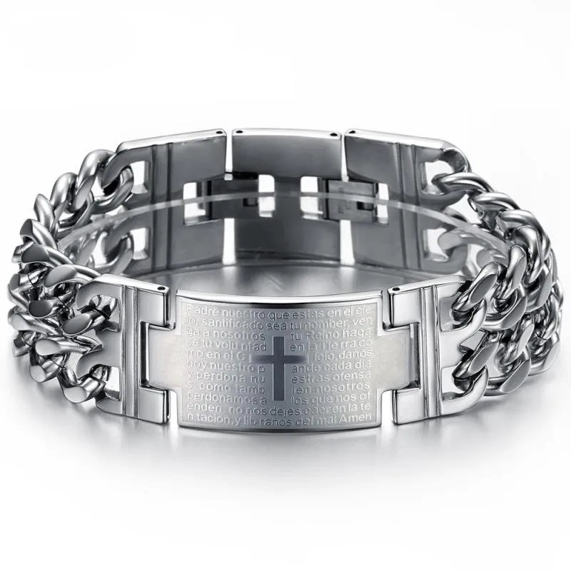 

Classic Stainless Steel Wide Cross Bible Lords Prayer Bracelet Curb Link Chain Wrist for Men Religious Jewelry