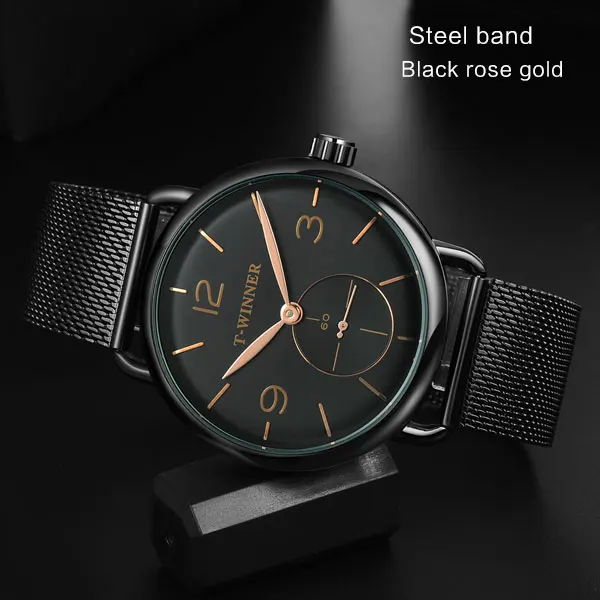 G black Rgold T-WINNER, мужские механические часы, бренд Winner, повседневные, ручная работа, нержавеющая сталь, кожаный ремешок, Forsining, мужские водонепроницаемые часы - Цвет: G black Rgold