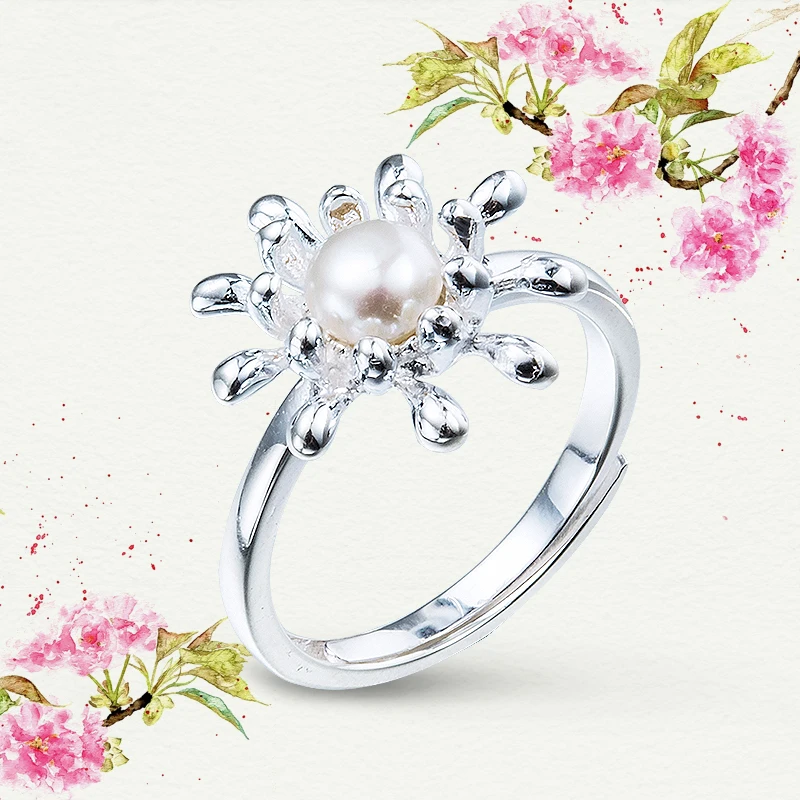 925 серебро жемчуг кольцо цветы ретро минималистский простые женские кольца