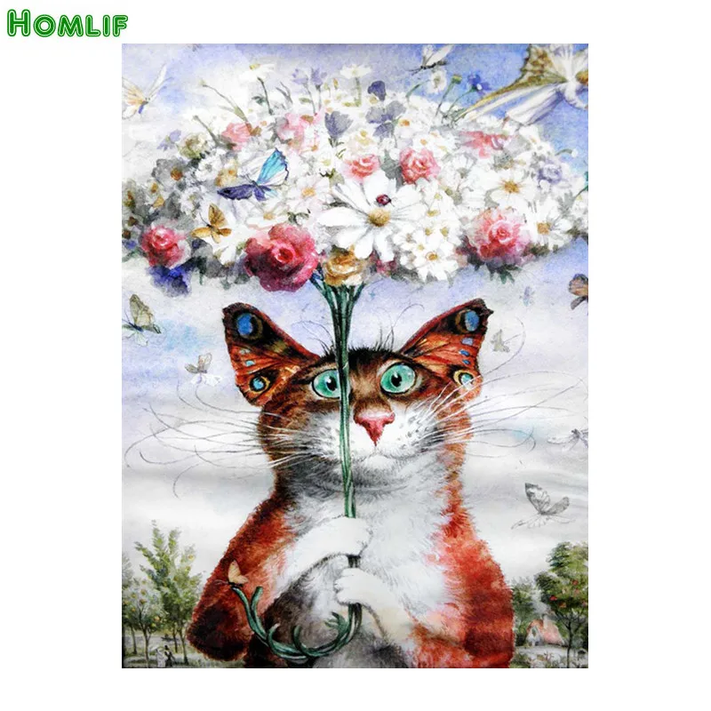 Crafts diamond painting diy Cat and flower cross stitch embroidery butterfly set needlework Colored cat | Дом и сад