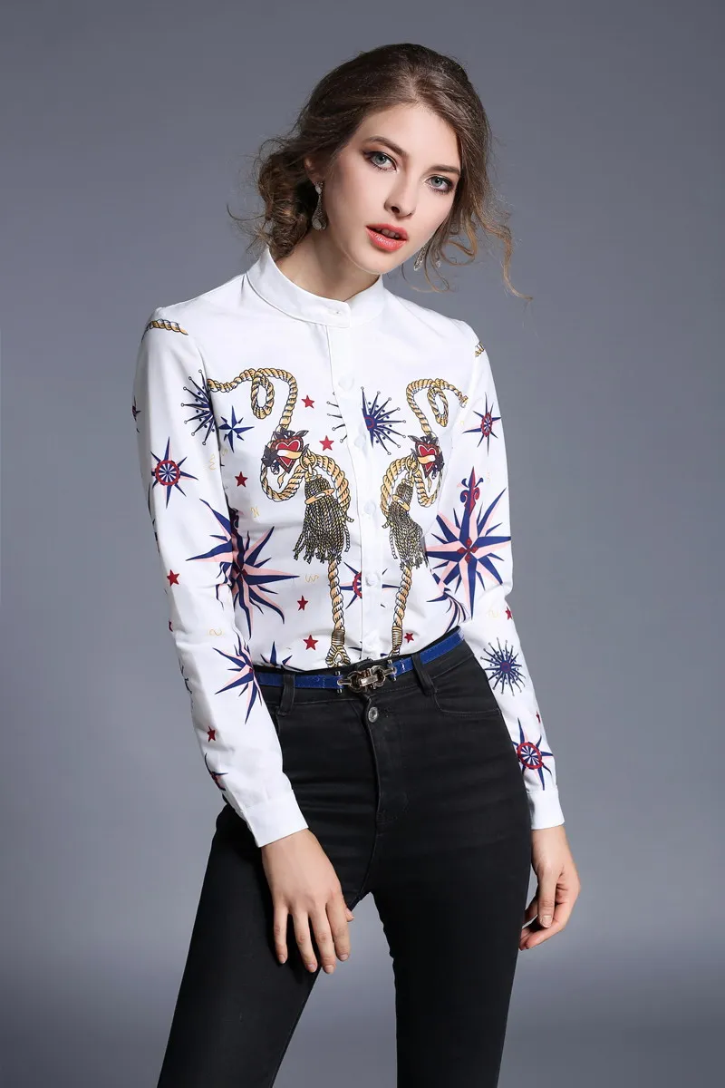 ZOSOL Женщины С Длинным Рукавом Печати Рубашки Белого Шифона Блузка однобортный