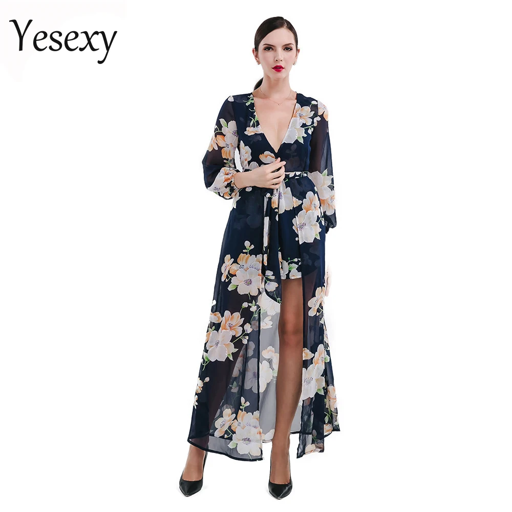 Yesexy 2018 Сексуальная Глубокий V с длинным рукавом печать плащом playsuit