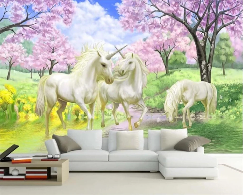 

Beibehang Custom wallpaper children's room fantasy cherry unicorn TV background wallpaper home decoration mural 3d wallpapers