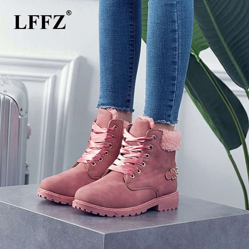 

Женские ботинки на шнуровке LFFZ, розовые однотонные повседневные ботильоны с круглым носком, зимние ботинки в британском стиле, PP47