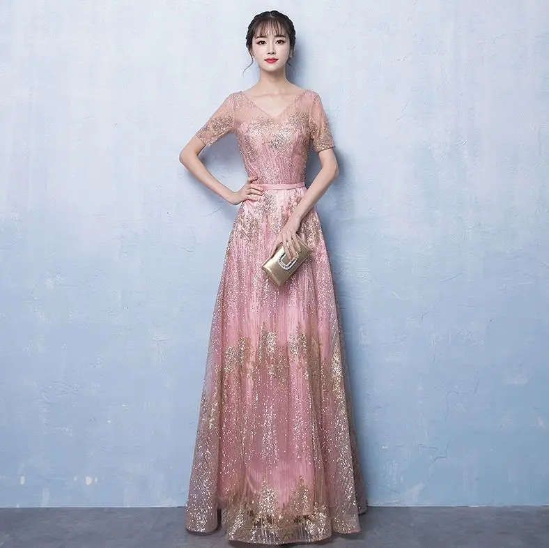 blush pink La звезда mar длинное платье для свадебной вечеринки для женщин Тюль Блестки Сексуальная V шеи Половина рукава A Line Румяна розовая Подружка невесты - Цвет: blush pink