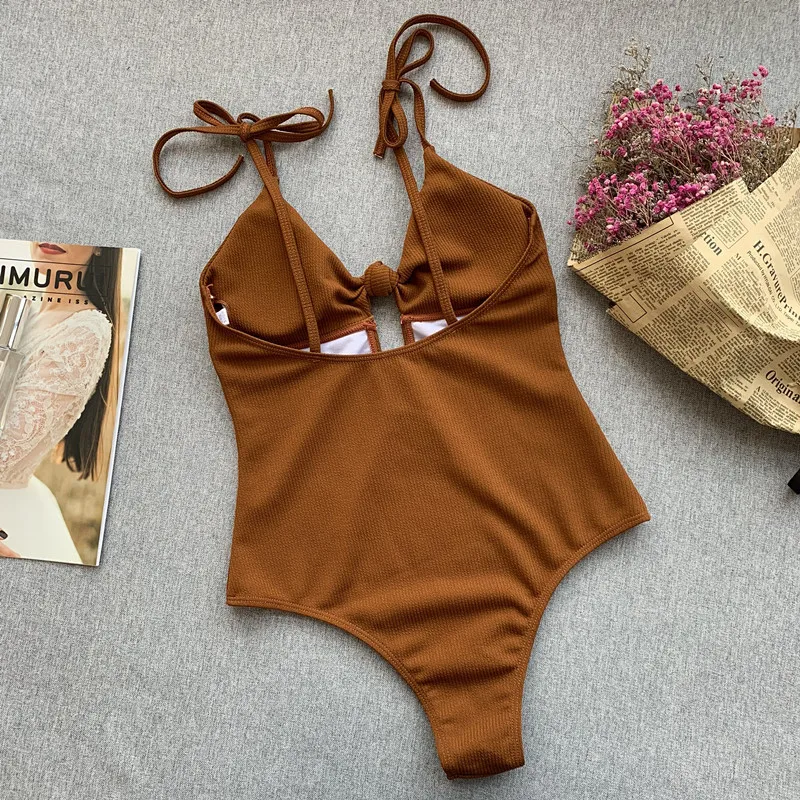 Женский купальник бикини в рубчик Peachtan однотонный с вырезами высокой талией