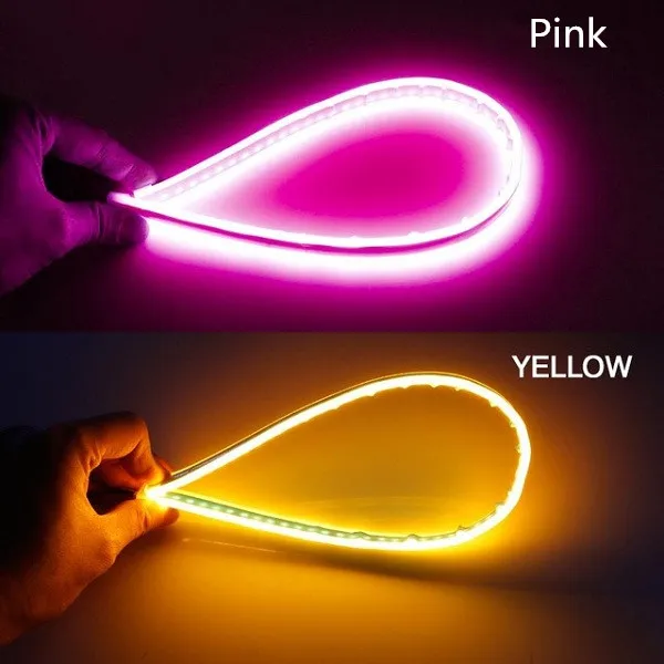 Pink turn Yellow OKEEN 2x ультратонкие 30 см 45 см 60 см DRL гибкий светодиодный фонарь, стильные поворотные сигнальные лампы, дневные ходовые огни, слеза полосы, Автомобильные фары - Цвет: Pink turn Yellow
