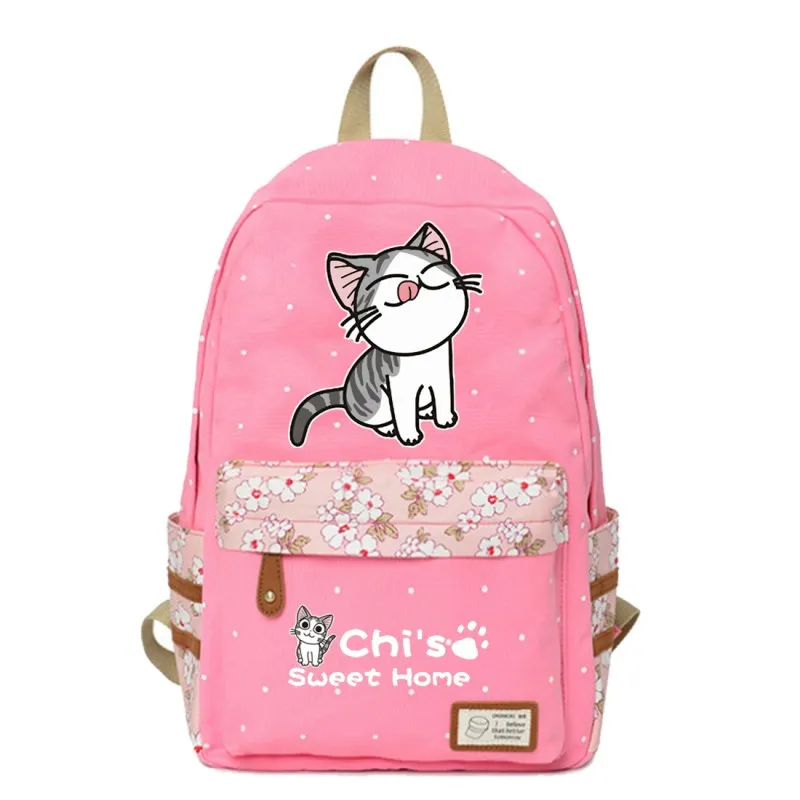 PINK6 WISHOT chi's sweet home/Милая парусиновая сумка с изображением кота и сыра; рюкзаки с оборками; рюкзак для девочек; школьная сумка; дорожная сумка - Цвет: PINK6