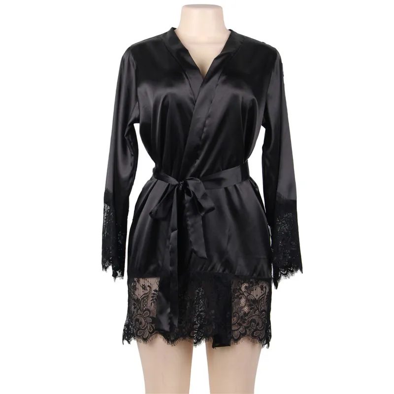 Black Bathrobe Comeonlover атласное кимоно Feminino с длинными рукавами ночная рубашка для невесты размера плюс кружевное украшенное платье сексуальное женское платье Babydoll RE80558 - Цвет: Black Bathrobe