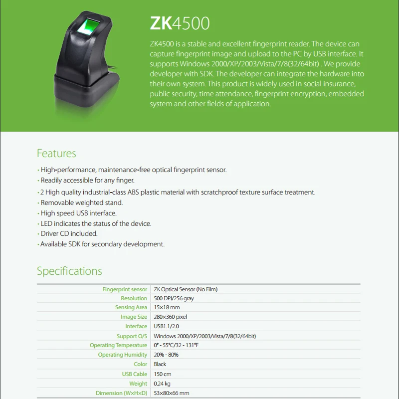 Zk4500 отпечатков пальцев захвата сканер USB Сенсор считыватель читатель|fingerprint reader