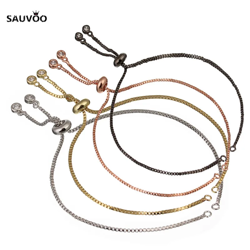SAUVOO 2pcs Rhodium Black Rose Gold Color Box Chain Link Chains with CZ Tassel Charms for Slide Bracelet Jewelry Making | Украшения и