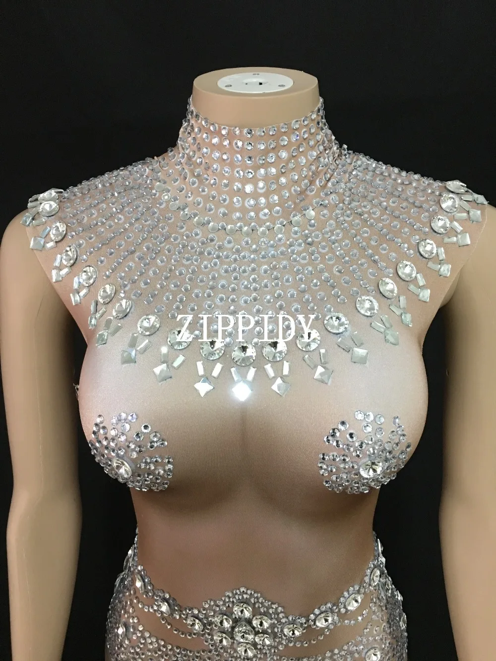 Sparkly Stretch Nude Crystals Leotard Sexy Stage Dance Costume Female Singer Bling Tassels Leotard Performance Dance Wear