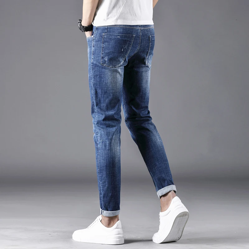 causal style straight fit stretch slub denim blue jeans pants trousers for men adults youth boys spring autum season |