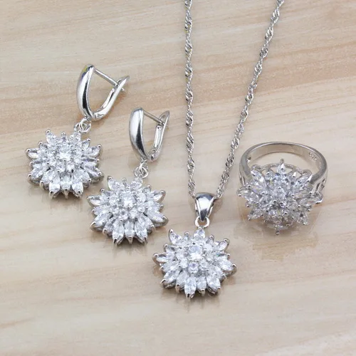 3PCS 925 пробы Серебряный женский свадебный костюм Ювелирные наборы натуральный белый кристалл CZ, висящие сережки/ожерелье/браслет и кольцо наборы - Окраска металла: 3PCS