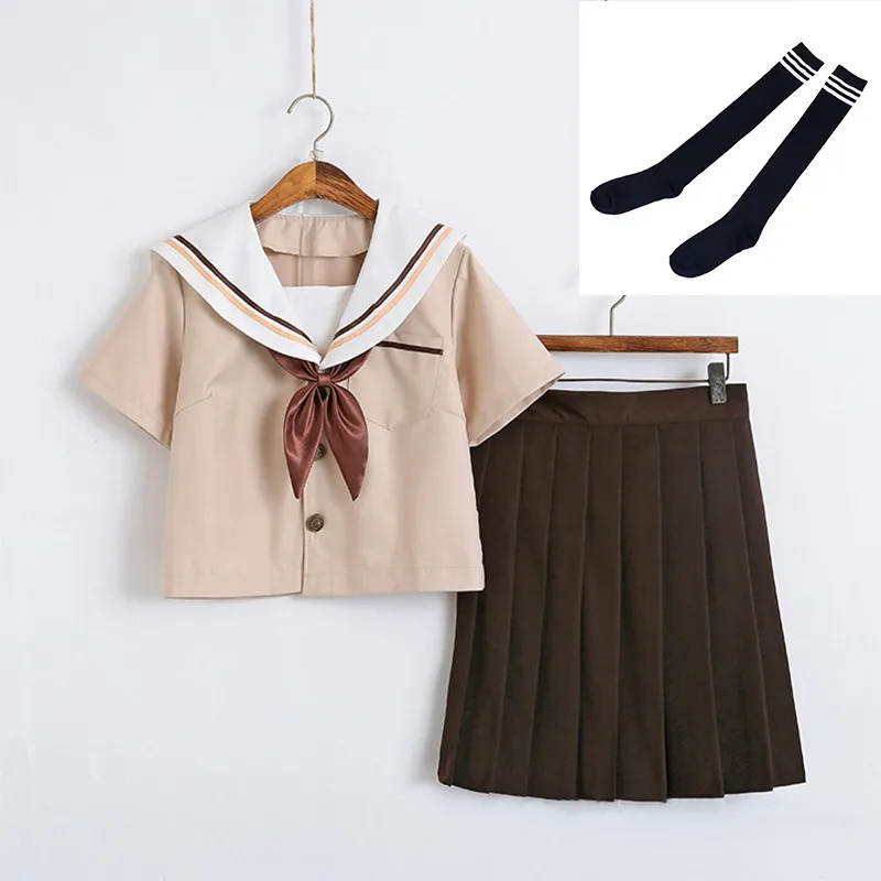 Short Set With Socks Новое поступление, школьная форма в морском стиле, JK, школьная форма s для девочек, рубашка цвета хаки и коричневая юбка, костюмы для студентов, косплей S-2XL - Цвет: Short Set With Socks