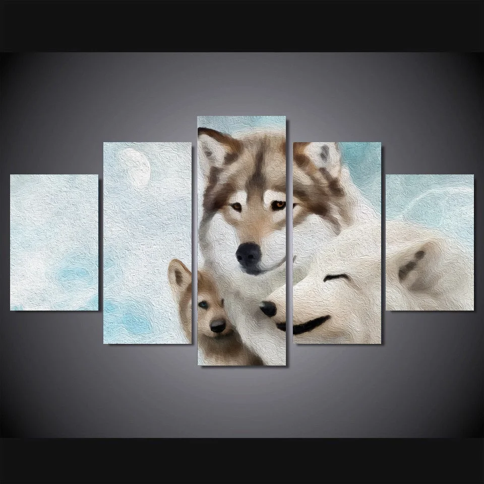 5 Panel Large HD Printed Painting Wolf Colorful Canvas Print Art Home Decor Wall Picture for Living Room | Дом и сад