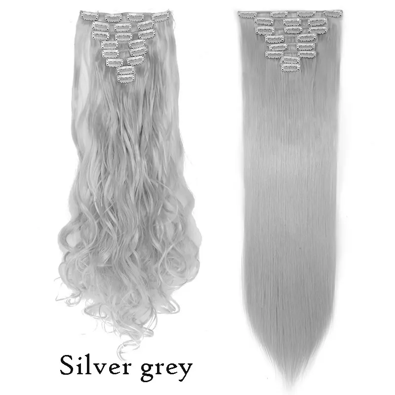 silver grey SNOILITE, 18 клипс, длинные волнистые волосы для наращивания на клипсах, черный, коричневый, синтетические волосы на клипсах для женщин, 24 дюйма - Цвет: silver grey