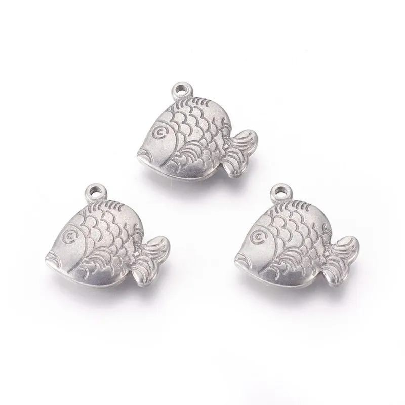 

50pcs 304 Stainless Steel Fish shape Pendants Necklace for women jewelry DIY making 19x20x4mm, Hole: 1.8mm F80