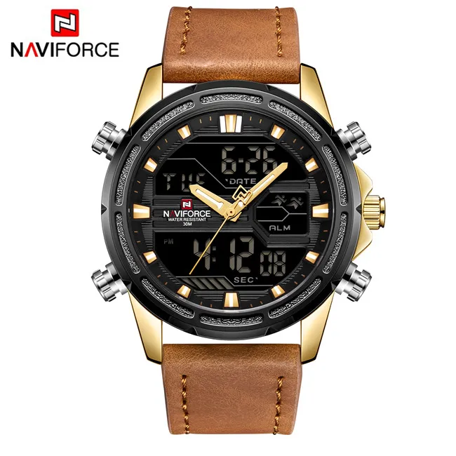 brown gold NAVIFORCE мужские s часы Топ бренд Роскошные спортивные часы для мужчин двойной дисплей водонепроницаемый кожаный ремешок наручные часы Relogio Masculino часы - Цвет: brown gold