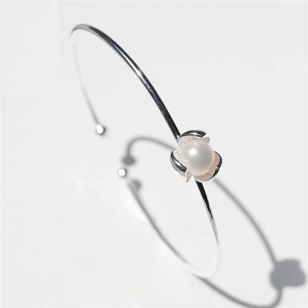 Женский винтажный браслет из серебра 100% пробы с жемчугом и цветком|adjustable bangle|bangles