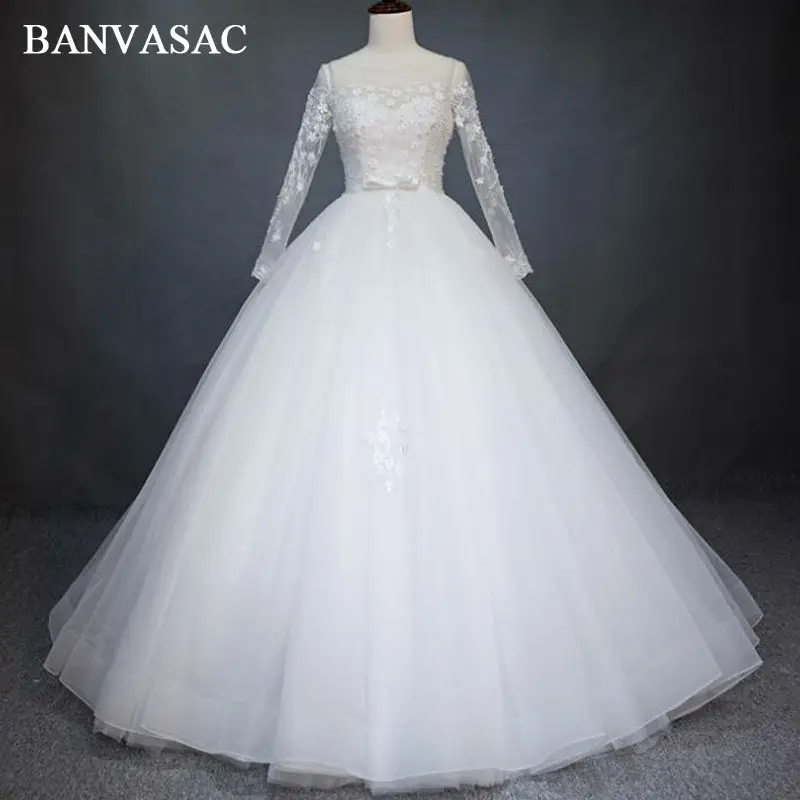 

BANVASAC 2017 новые элегантные вышитые свадебные платья с вырезом лодочкой цветы с длинным рукавом Кристаллы атласные кружевные свадебные платья