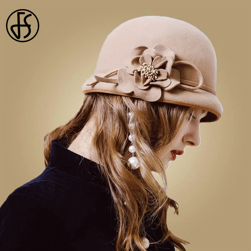 Khaki Wool Hat FS новая шерстяная фетровая женская шляпа-федора Черная кепка котелок зимние элегантные женские цветы винтажные осенние Клош шляпы-федоры для посещения церкви - Цвет: Khaki Wool Hat