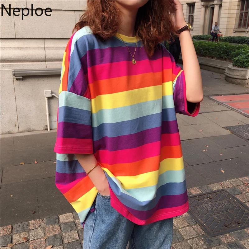 Neploe женские футболки в радужную полоску Лето 2021 Harajuku BF с круглым вырезом и