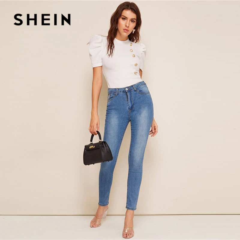 SHEIN белая блузка с воротником-стойкой и пышными рукавами на пуговицах спереди, женские топы, летняя элегантная облегающая однотонная блузка с коротким рукавом, Топ