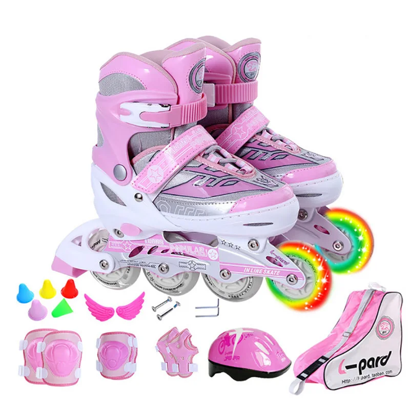 Pink set EUR 31-34 Новые детские Обувь с дышащей сеткой, подшипники для роликовых Инлайн Коньков обувь для роликов, скейтборда шлем коленей Шестерни Регулируемый Моющиеся колёса из полиуретана для роликовых коньков, для подростков - Цвет: Pink set EUR 31-34