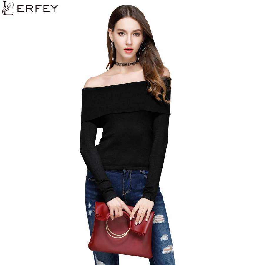 LERFEY Off Shoulder Elastic Autumn Knitted Sweater Women Short Black Lapel Pullover Sexy Jumpers Winter Slash Neck Knitwear Tops | Женская