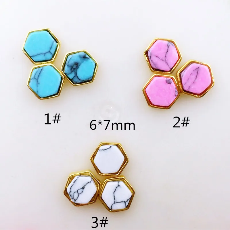 10Pcs/Lot New 6*7mm Hexagonal with Turquoise Stone Metal Alloy Nail Art Decorations Stickers for Manicure | Красота и здоровье