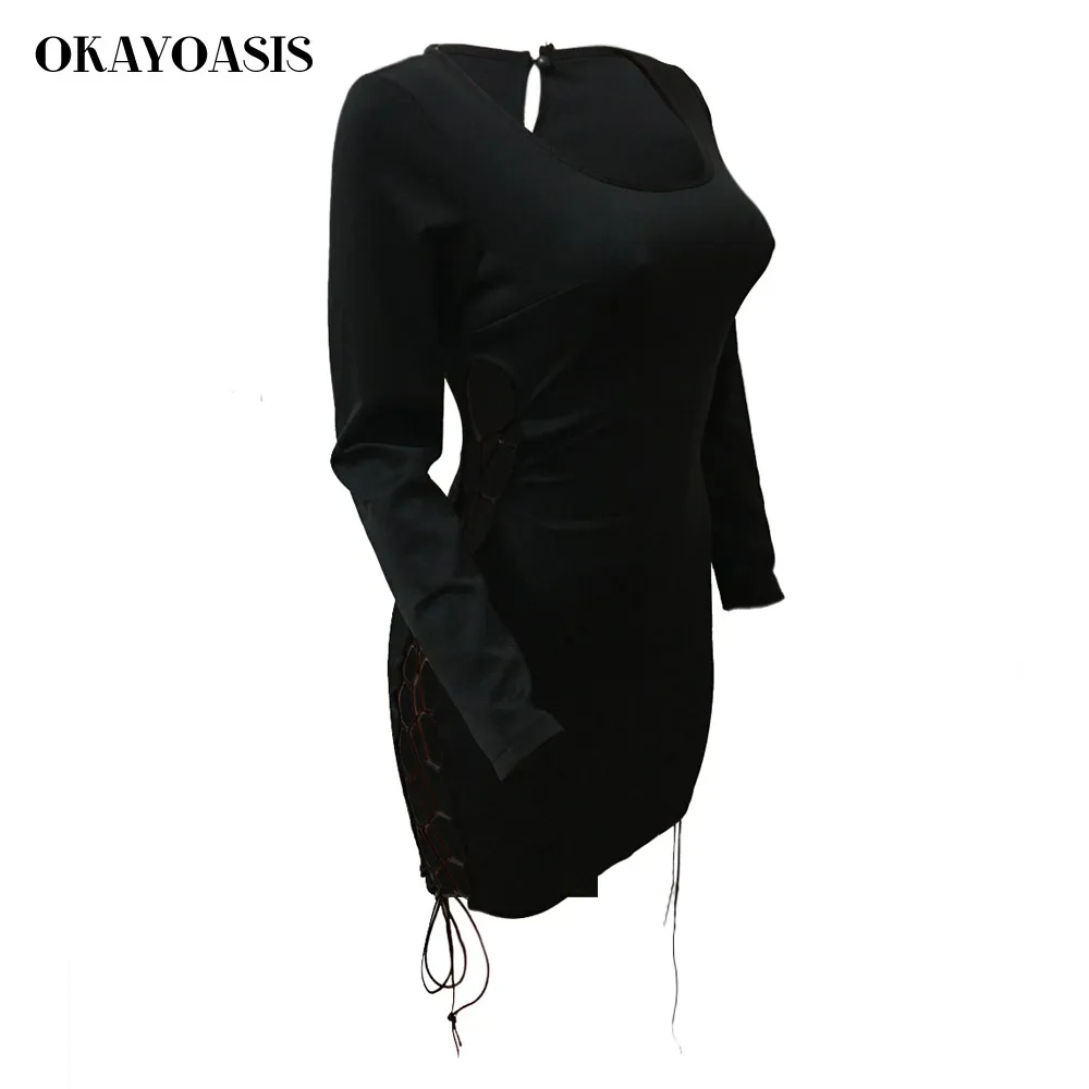 OKAYOASIS Drop Shipping 2018 Women New Lace Up Bandage Dress Long Sleeve Sexy Hollow Out Autumn Club | Женская одежда