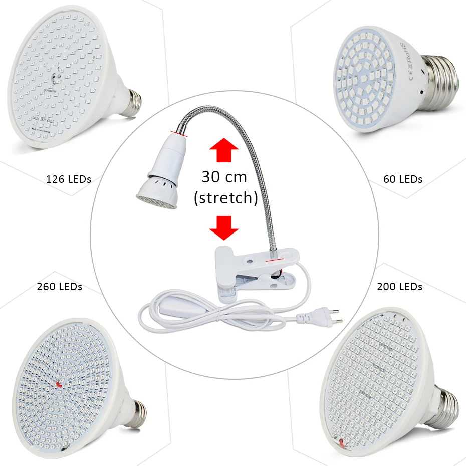 Светодиодная лампа для выращивания растений 60-126-200-260Leds полный спектр света e27
