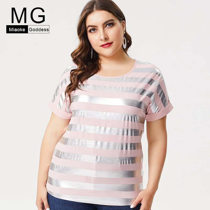 MG 2019 Летняя женская Хлопковая полосатая розовая футболка размера плюс модные
