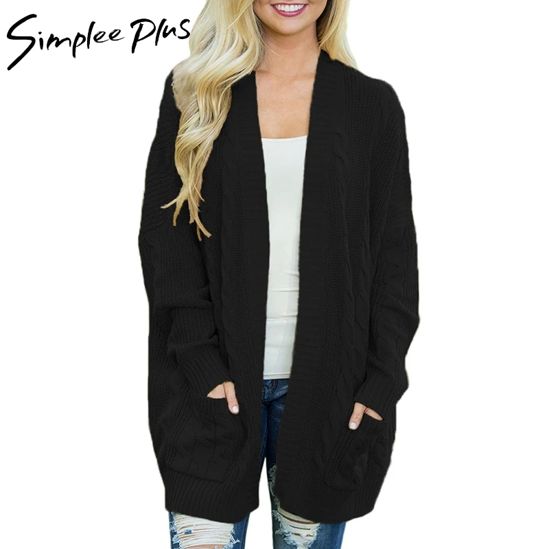 Simplee Plus Cardigans Women Size Long Cardigan Female 2018 Autumn Sleeve Solid Sweater Pockets Knitted Tops XXL XXXL |