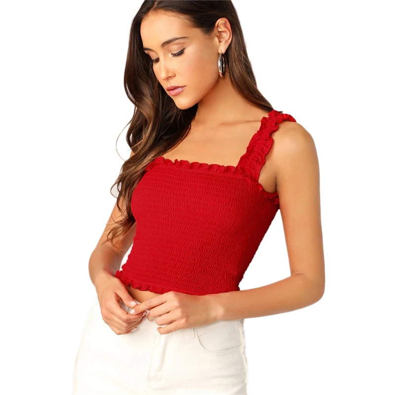 SweatyRocks женский топ с оборками на бретелях и подоле, лето, уличная одежда, Boho Tanks, укороченные однотонные топы, женский эластичный тонкий жилет