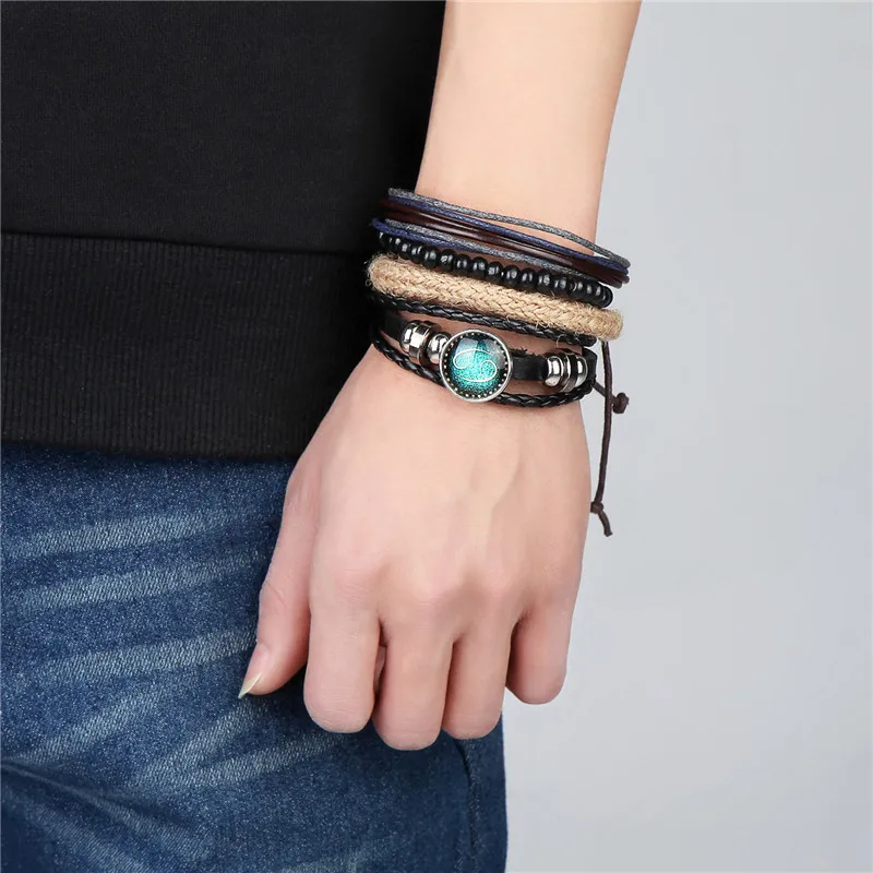 4Pcs/set Black Leather Zodiac 12 Constellation Sign with bead zodiac Bracelet Bracelets &amp Bangles For Women Men | Украшения и