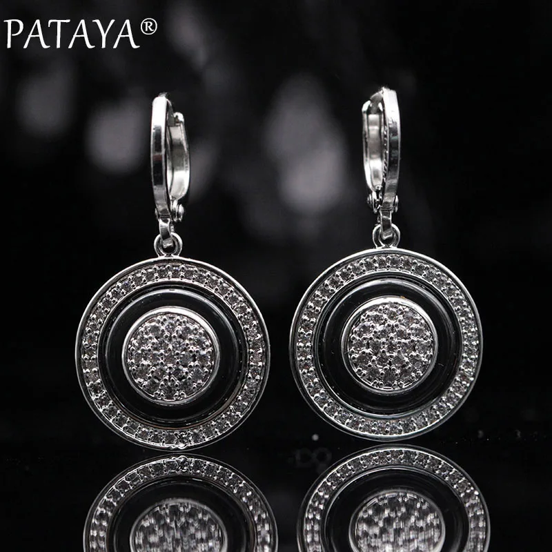 True Platinum black PATAYA новые настоящие белые золотые круглые черные керамические длинные висячие серьги с натуральным цирконием 585 розовое золото женские свадебные Роскошные ювелирные изделия - Окраска металла: True Platinum black